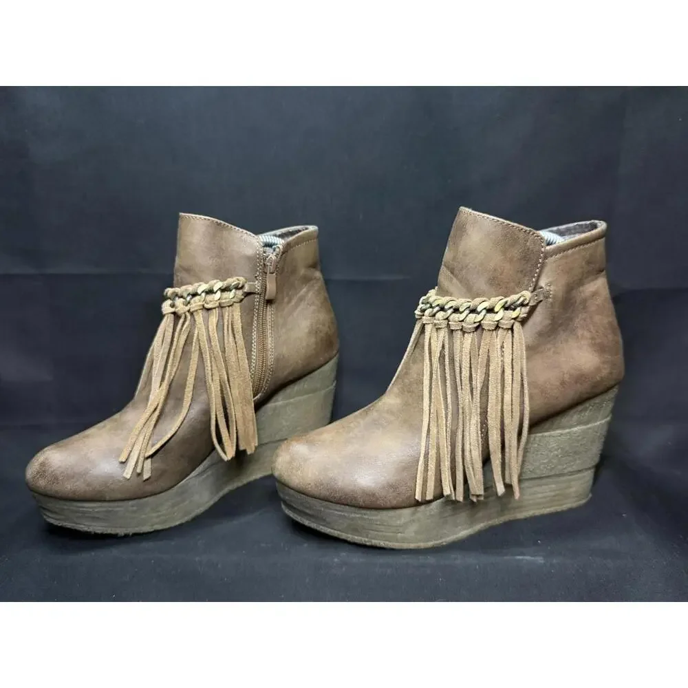 Sbicca Boots Womens Size 10 Wedge Fringe Suede Western Boho Zip Ankle‎ Booties
